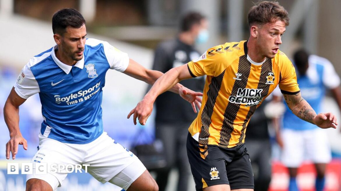 Maxime Colin of Birmingham City and Luke Hannant of Cambridge United during a 2020 League Cup tie.