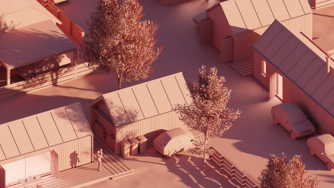 Rendering of small modern houses with pitched roofs, trees, and parked cars in a compact neighborhood layout.