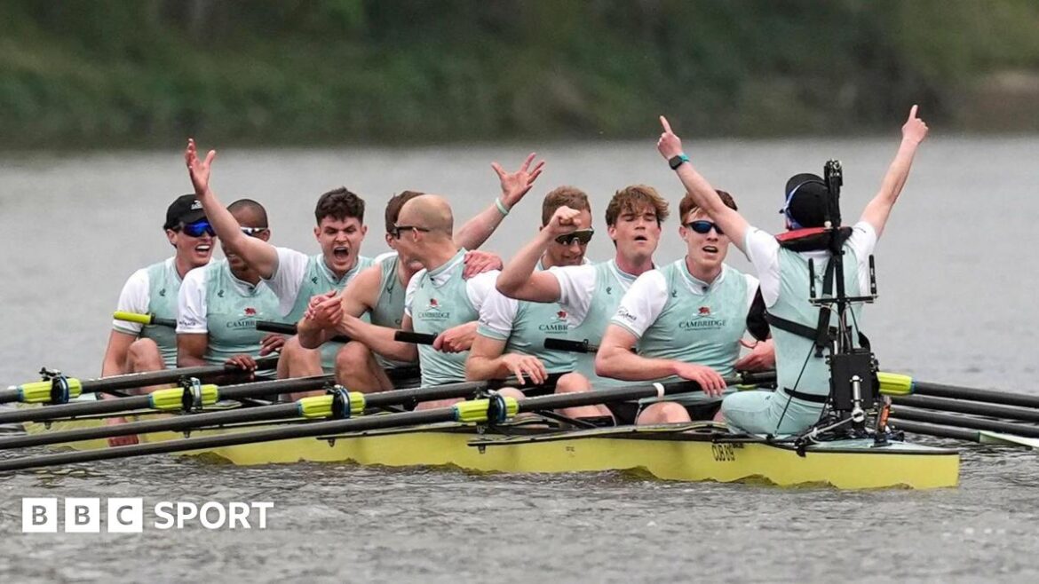 Cambridge celebrate their men's Boat Race win