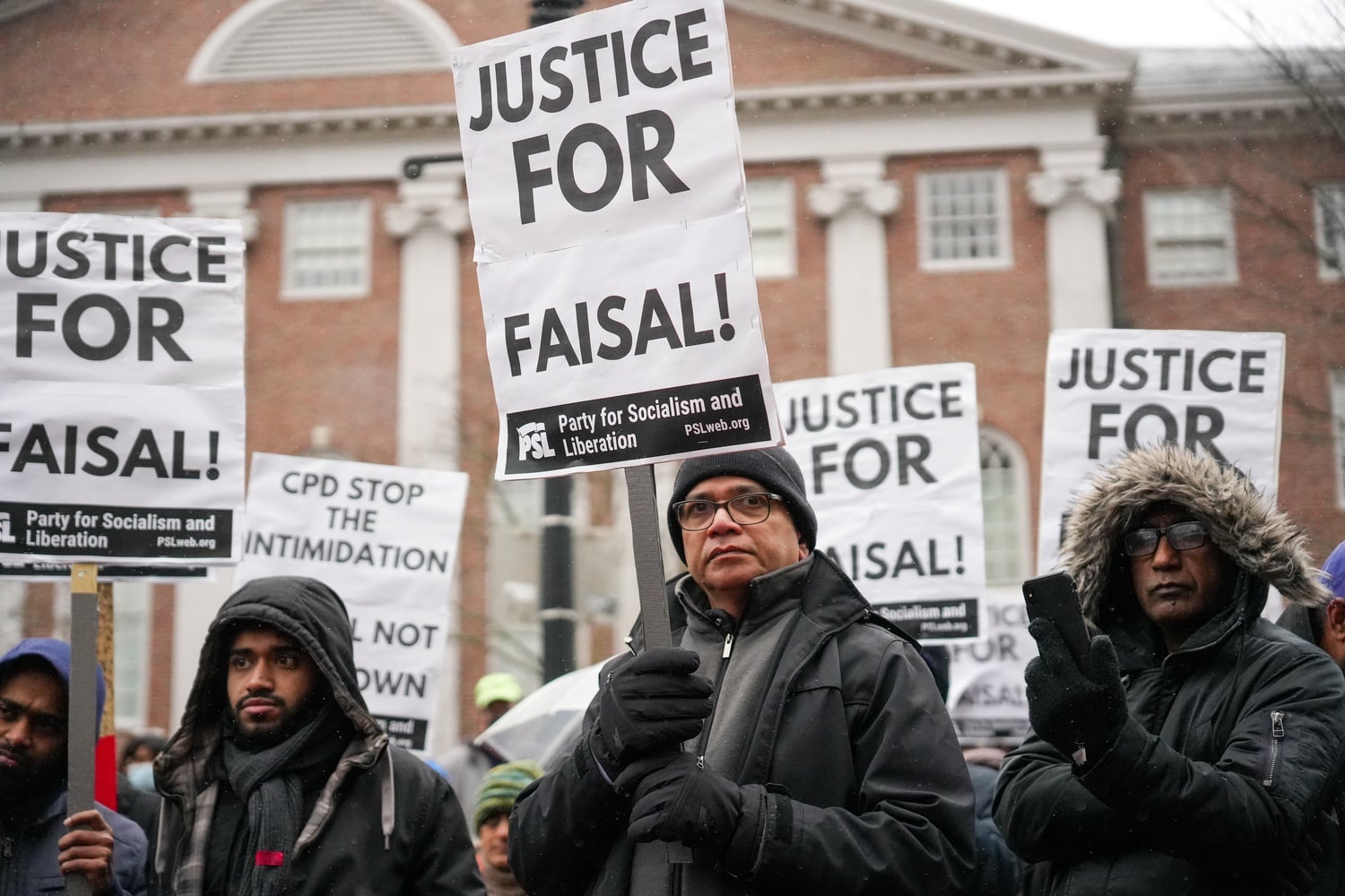 Over one hundred gathered protesting following Sayed Faisal's fatal shooting near Harvard Square Pit.